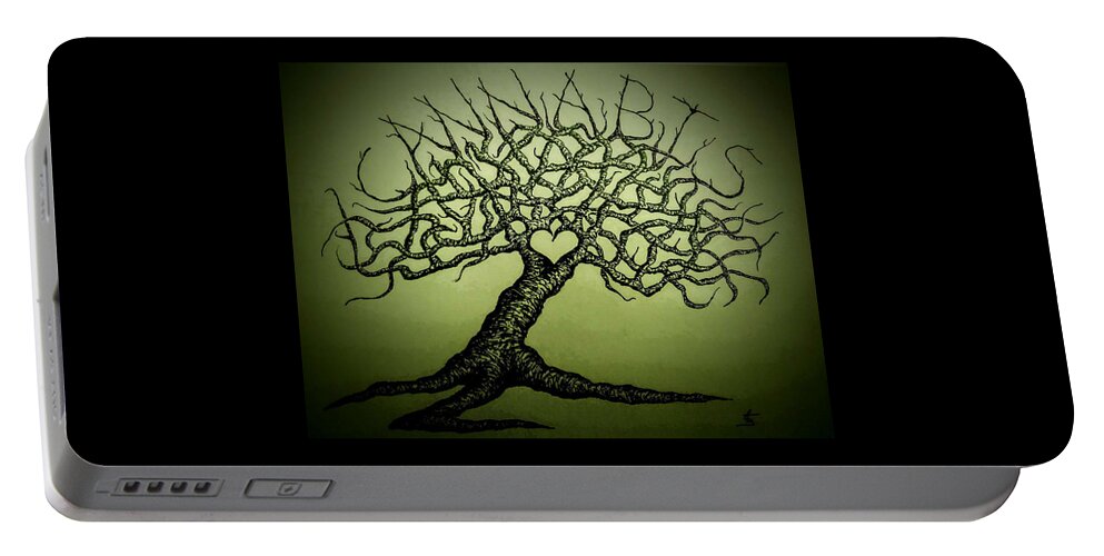 Cannabis Portable Battery Charger featuring the drawing Cannabis Love Tree by Aaron Bombalicki
