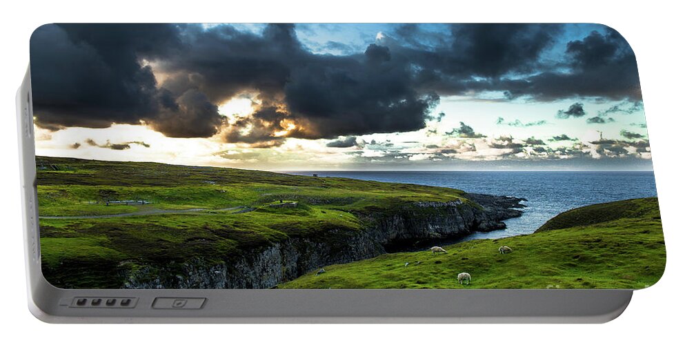 Scotland Portable Battery Charger featuring the photograph Canyon To Smoo Cave With Flock Of Sheep At The Twilight Atlantic Coast Near Durness In Scotland by Andreas Berthold