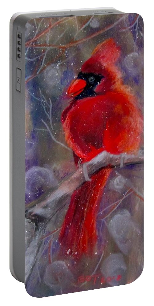 Bird Portable Battery Charger featuring the pastel Cardinal in the snow by Barbara O'Toole