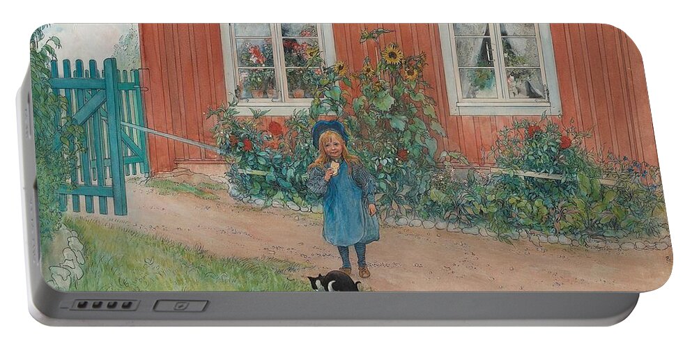 Man Portable Battery Charger featuring the painting Carl Larsson,  Brita, Cat And Sandwich by Celestial Images