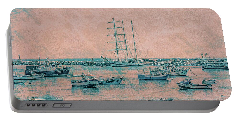Cascais Portable Battery Charger featuring the photograph Cascais Harbor, Antiqued by Marcy Wielfaert