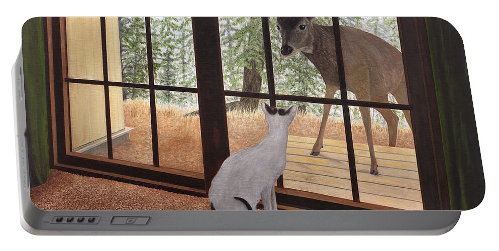 Cat Portable Battery Charger featuring the painting Cat Meets Deer by Karen Zuk Rosenblatt
