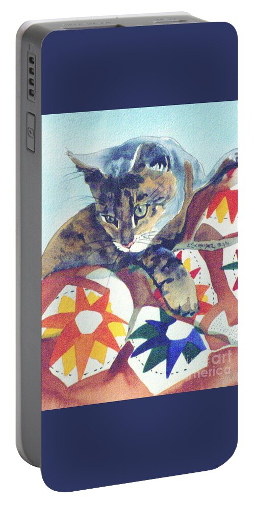 Cat Portable Battery Charger featuring the painting Cat On A Quilt by Edie Schneider
