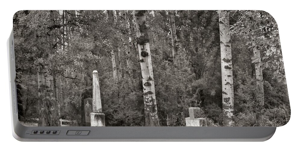 Cataldo Idaho Portable Battery Charger featuring the photograph Cemetery at Cataldo Mission BW by Cathy Anderson