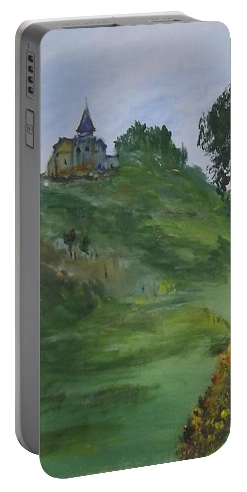 Acrylic Portable Battery Charger featuring the painting Chapel On The Hill by Denise Morgan