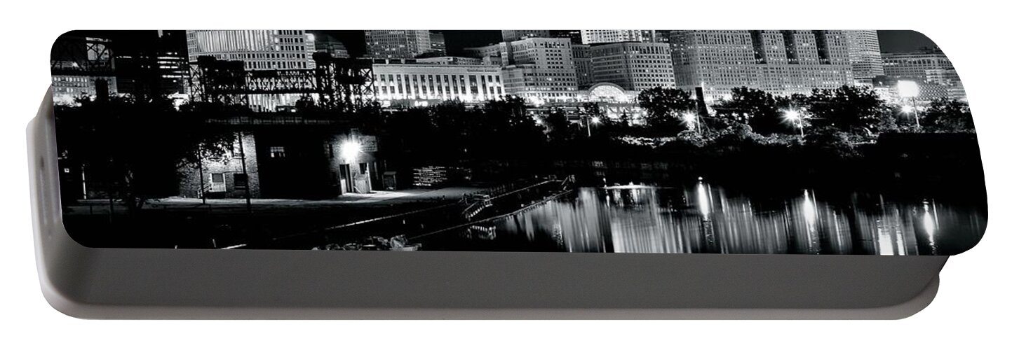 Cleveland Portable Battery Charger featuring the photograph Charcoal Night View of Cleveland by Frozen in Time Fine Art Photography