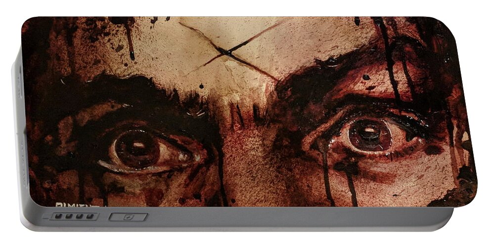 Ryan Almighty Portable Battery Charger featuring the painting CHARLES MANSONS EYES fresh blood by Ryan Almighty