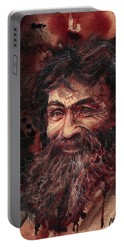 Ryan Almighty Portable Battery Charger featuring the painting CHARLES MANSON portrait dry blood by Ryan Almighty