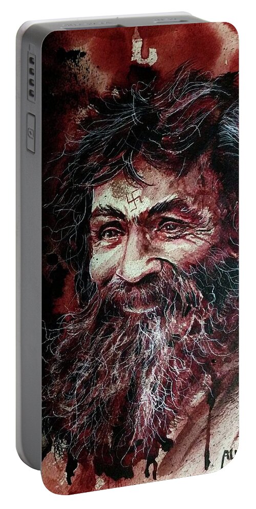 Ryan Almighty Portable Battery Charger featuring the painting CHARLES MANSON portrait fresh blood by Ryan Almighty
