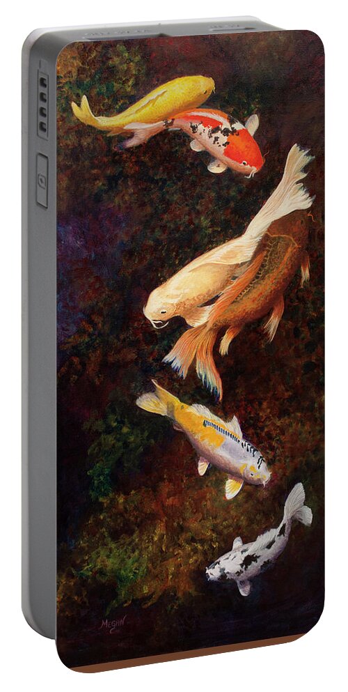 Koi Portable Battery Charger featuring the painting Chasing Tail by Megan Collins