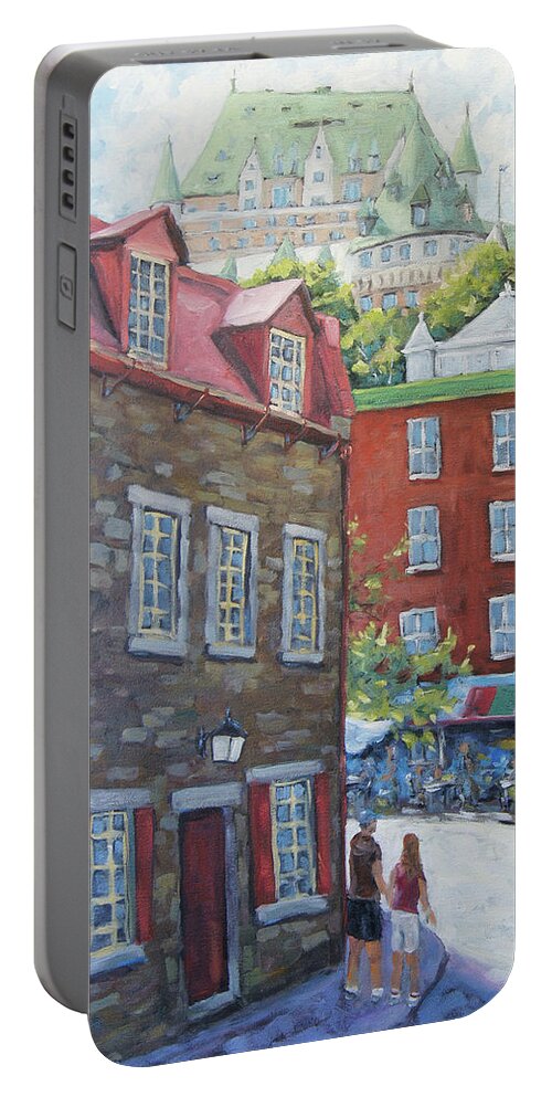 Quebec Historic Cityscape Scene Portable Battery Charger featuring the painting Chateau Frontenac Lower Quebec by Richard Pranke by Richard T Pranke