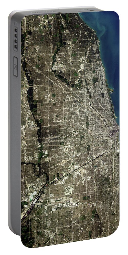 Satellite Image Portable Battery Charger featuring the digital art Chicago from space by Christian Pauschert