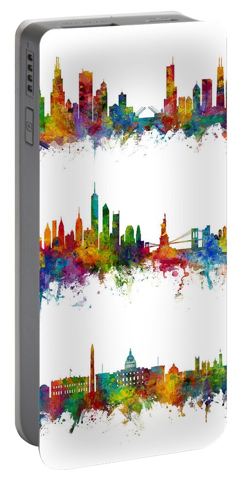 Chicago Portable Battery Charger featuring the digital art Chicago New York and Washington DC Skyline trio Skyline by Michael Tompsett
