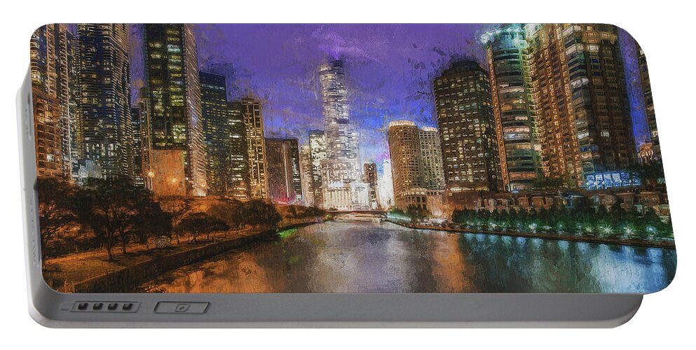 Chicago Portable Battery Charger featuring the painting Chicago Panorama - 15 by AM FineArtPrints