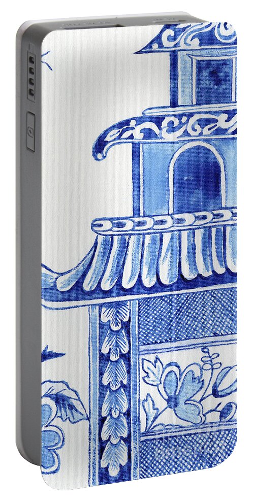 Chinoiserie Portable Battery Charger featuring the painting Chinoiserie Blue and White Birds in Flowering Tree and Pagoda by Audrey Jeanne Roberts