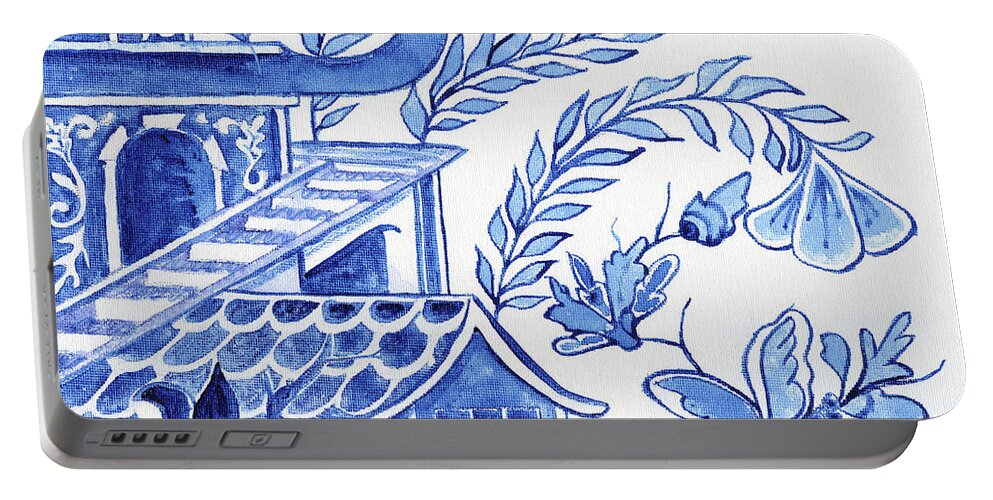 Chinoiserie Portable Battery Charger featuring the painting Chinoiserie Blue and White Pagoda Floral 1 by Audrey Jeanne Roberts