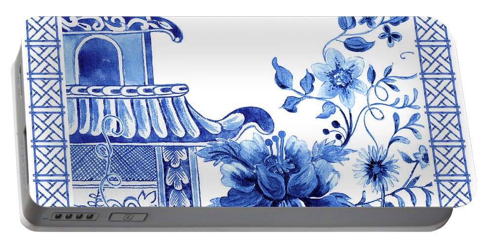 Chinese Portable Battery Charger featuring the painting Chinoiserie Blue and White Pagoda with Stylized Flowers and Chinese Chippendale Border by Audrey Jeanne Roberts