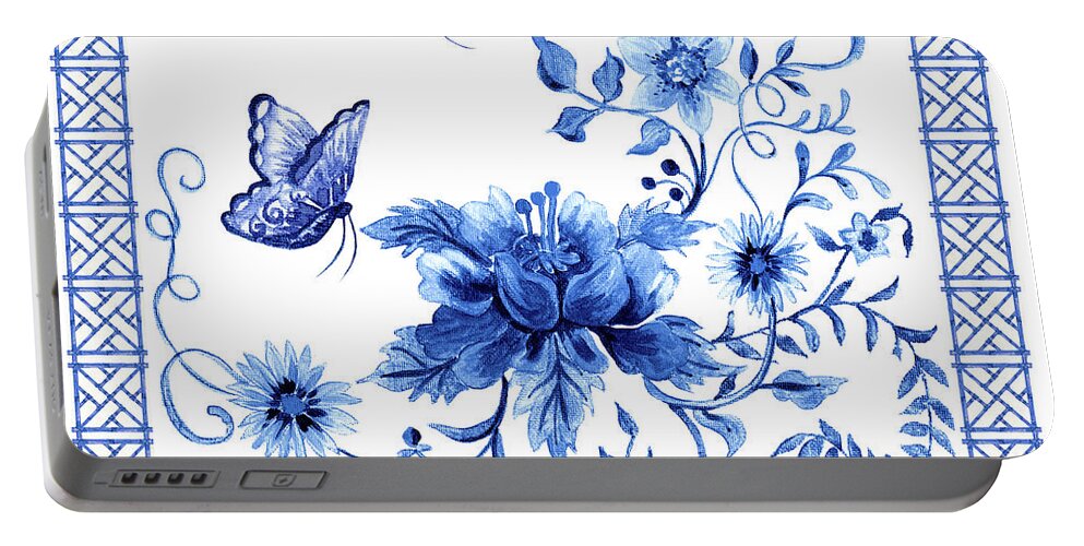 Butterflies Portable Battery Charger featuring the painting Chinoiserie Blue and White Pagoda with Stylized Flowers Butterflies and Chinese Chippendale Border by Audrey Jeanne Roberts