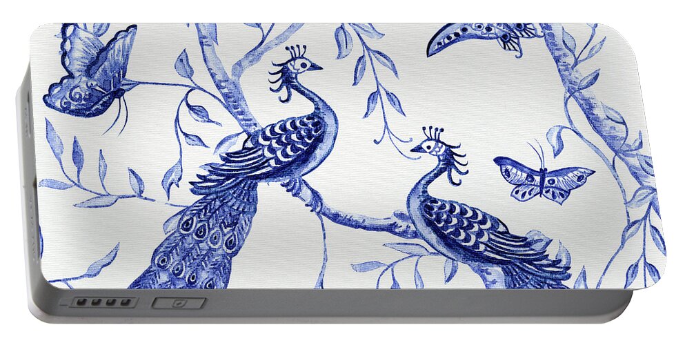 Chinoiserie Portable Battery Charger featuring the painting Chinoiserie Blue and White Peacocks and Butterflies by Audrey Jeanne Roberts