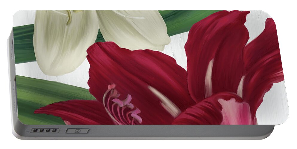 Amaryllis Portable Battery Charger featuring the painting Christmas Amaryllis I by Mindy Sommers