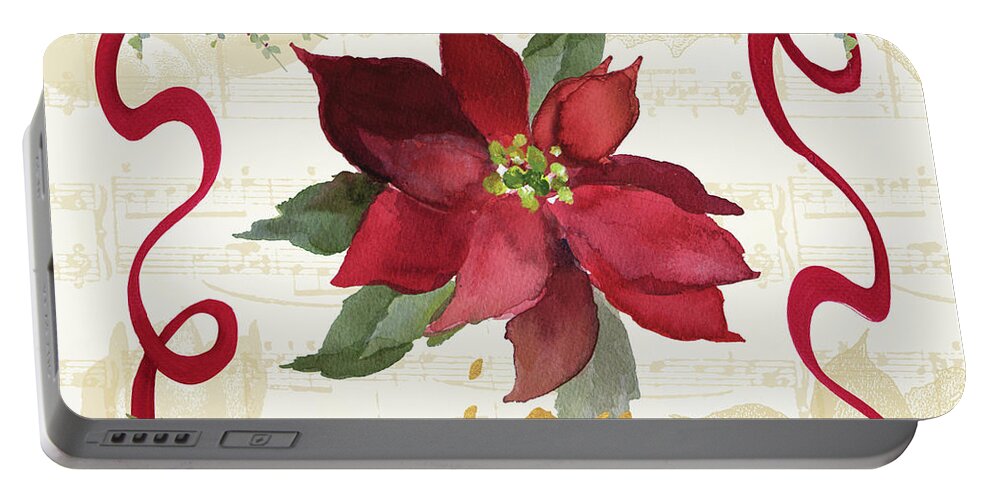 Christmas Portable Battery Charger featuring the mixed media Christmas Poinsettia Ribbon Iv by Lanie Loreth