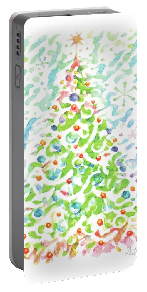 Christmas Portable Battery Charger featuring the drawing Christmas-Tree,Watercolor,Colourful,Dazzling,Impressionism,Handmade,Hand-painted,Greeting Card by Artto Pan