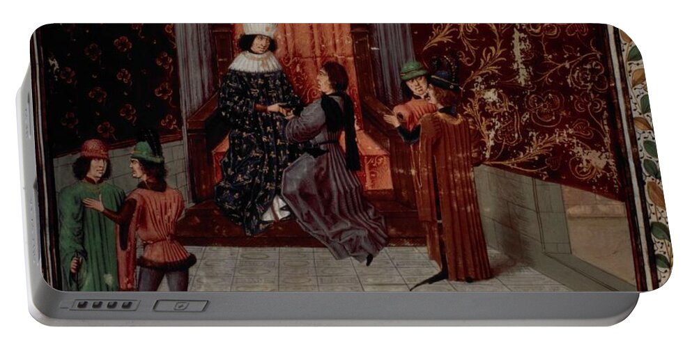 Eduardo Iv Portable Battery Charger featuring the painting Chronicle of Jean de Wavrin, 1470, Wavrin presents chronicle to Edward IV, Illuminated manuscript. by Album