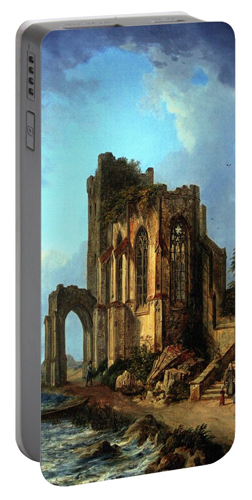 Church Ruins By The Sea Portable Battery Charger featuring the painting Church Ruins By The Sea by Domenico Quaglio the Younger by Rolando Burbon