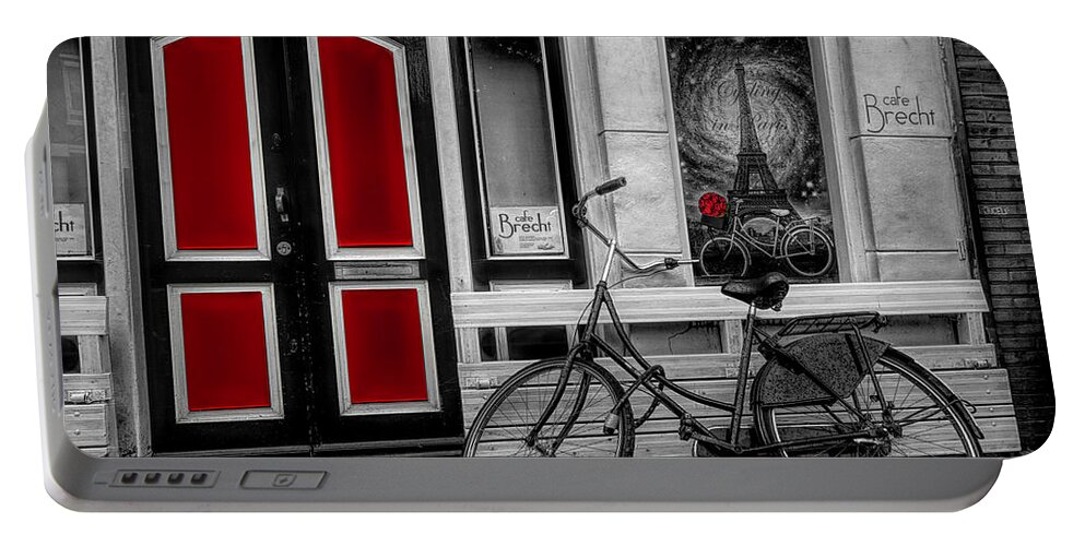 Amsterdam Portable Battery Charger featuring the photograph City Bike Downtown Black and White Color Selected Red by Debra and Dave Vanderlaan
