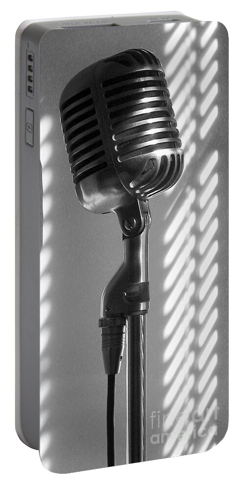 Elvis Portable Battery Charger featuring the photograph Classic Shure Microphone, BW by Ron Long
