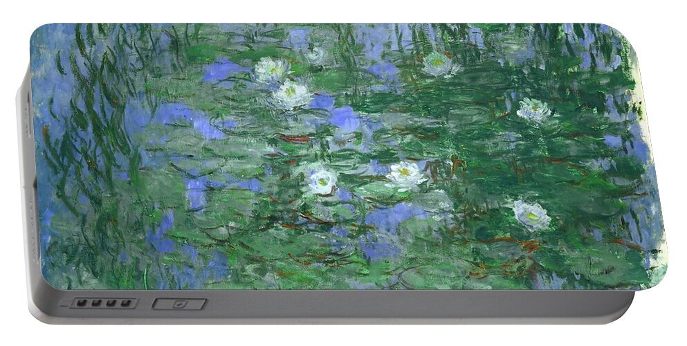 Claude Monet Portable Battery Charger featuring the painting CLAUDE MONET Nympheas bleus Blue Water Lilies. Date/Period 1916 - 1919. Painting. Oil on canvas. by Claude Monet