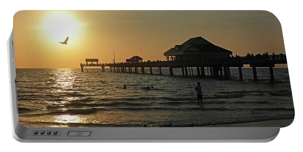 Clearwater Portable Battery Charger featuring the photograph Clearwater Florida Sunset at the Pier FL Seagull by Toby McGuire