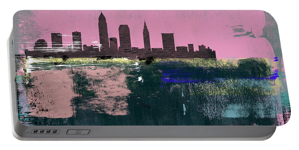 Cleveland Portable Battery Charger featuring the mixed media Cleveland Abstract Skyline I by Naxart Studio