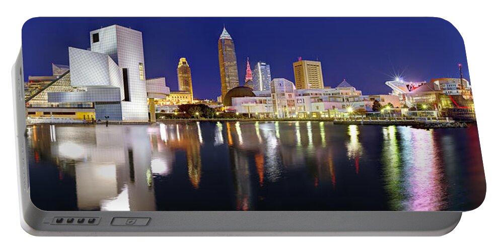 Cleveland Skyline Portable Battery Charger featuring the photograph Cleveland Skyline at Dusk Rock Roll Hall Fame by Jon Holiday