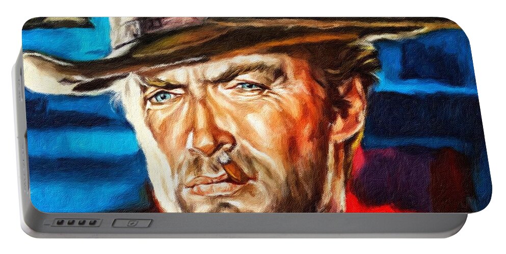 Clint Eastwood Portable Battery Charger featuring the painting Clint Eastwood, portrait by Vincent Monozlay