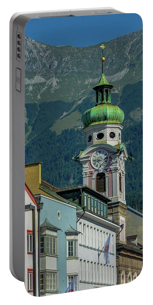 Austria Portable Battery Charger featuring the photograph Clock Tower of Innsbruck by Marcy Wielfaert