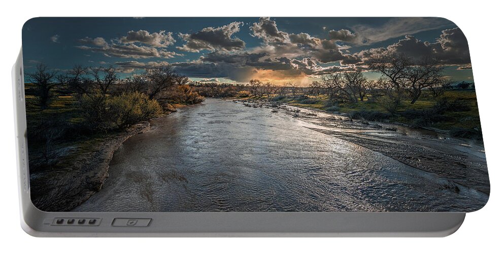 Dramatic Portable Battery Charger featuring the photograph Cloudburst over the Estrella River by Tim Bryan