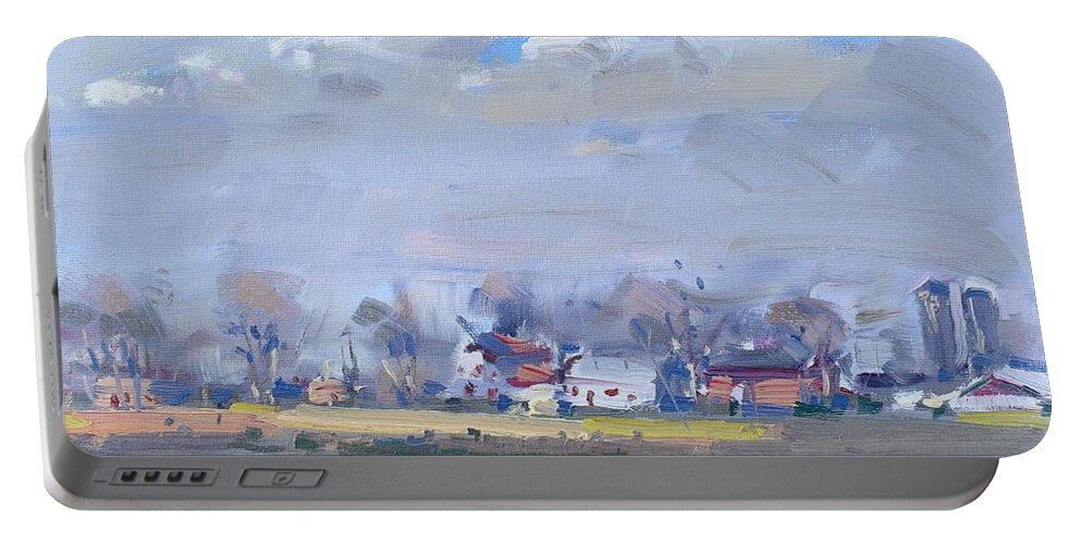 Cloudy Day Portable Battery Charger featuring the painting Cloudy Day at the Farm by Ylli Haruni