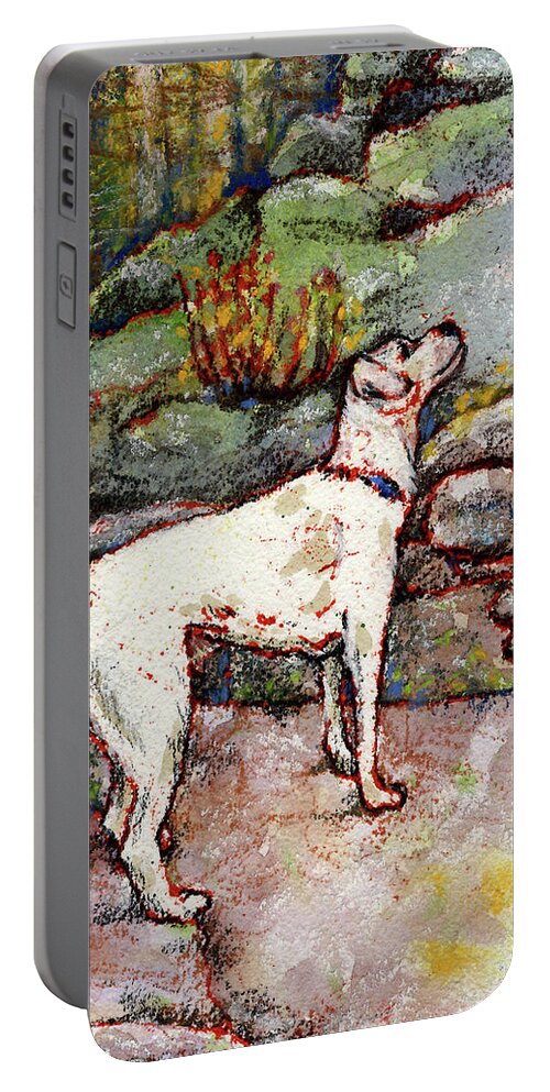 Dog Portable Battery Charger featuring the mixed media Coco in Chamonix by AnneMarie Welsh