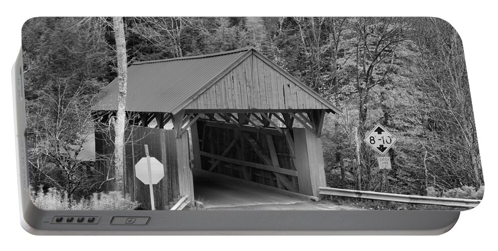 Red Covered Bridge Portable Battery Charger featuring the photograph Cole Hill Road Covered Bridge Black And White by Adam Jewell