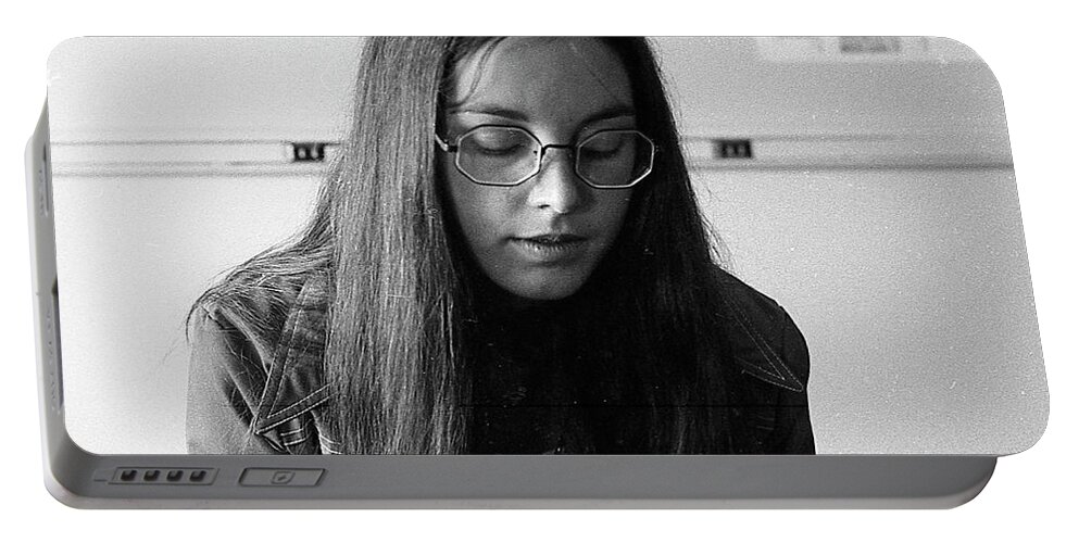 Brown University Portable Battery Charger featuring the photograph College Student with Octagonal Eyeglasses, 1972 by Jeremy Butler