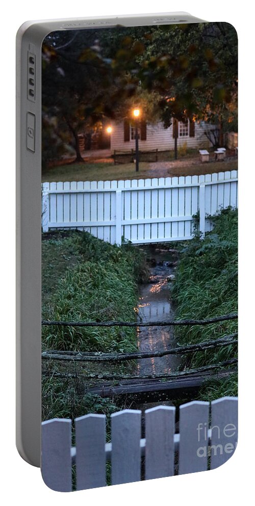 Colonial Williamsburg Portable Battery Charger featuring the photograph Colonial Footbridge and Stream in the Evening by Rachel Morrison