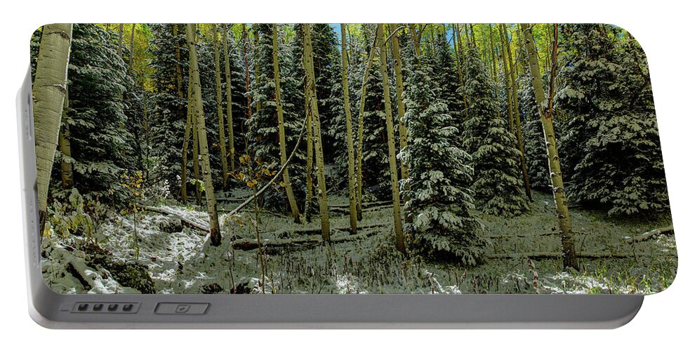Colorado Autumn Snow Storm By Olena Art Lena Owens Portable Battery Charger featuring the photograph Colorado Autumn Snow Storm  by Lena Owens - OLena Art Vibrant Palette Knife and Graphic Design