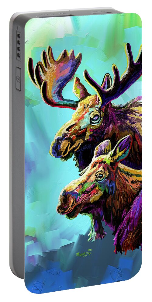 Mammal Portable Battery Charger featuring the painting Colorful Moose by Anthony Mwangi