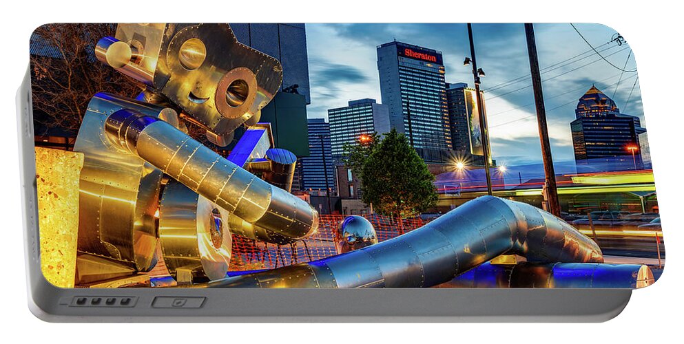 Dallas Skyline Portable Battery Charger featuring the photograph Colorful Night Waiting on a Train in Dallas Texas by Gregory Ballos