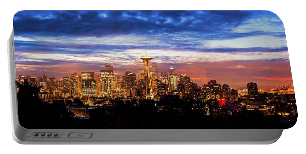 Outdoor; Downtown; Sunrise; Dawn; Twilight ; Space Needle; High-rise; Elliot Bay; Port Seattle; Mount Rainier; Colors; Downtown Seattle; Washington Beauty; Pacific North West Portable Battery Charger featuring the digital art Colorful twilight over downtown Seattle by Michael Lee