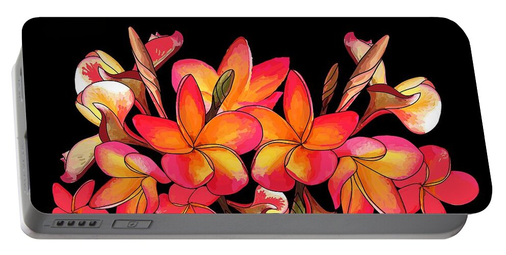 Coloured Frangipani Portable Battery Charger featuring the drawing Coloured Frangipani Black Bkgd by Joan Stratton