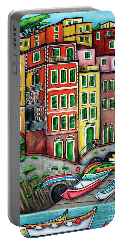 Italy Portable Battery Charger featuring the painting Colours of Riomaggiore, Cinque Terre by Lisa Lorenz