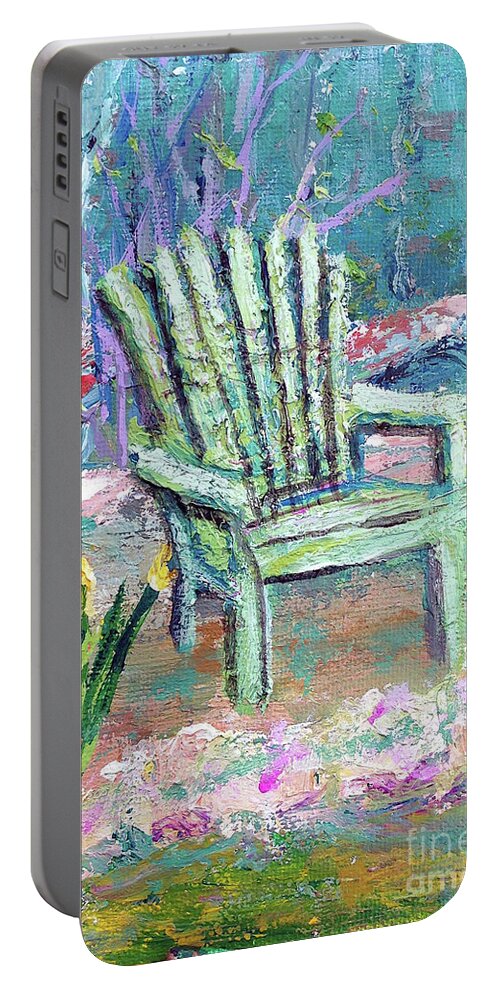 Garden Chair Pastel Plein Air Abstract Tulip Forest Impressionism Impressionistic Sage Pink Violet Bedroom Bathroom Decore Water Landscape Augusta Missouri Portable Battery Charger featuring the painting Come View the Lake by Manuela Woolsey