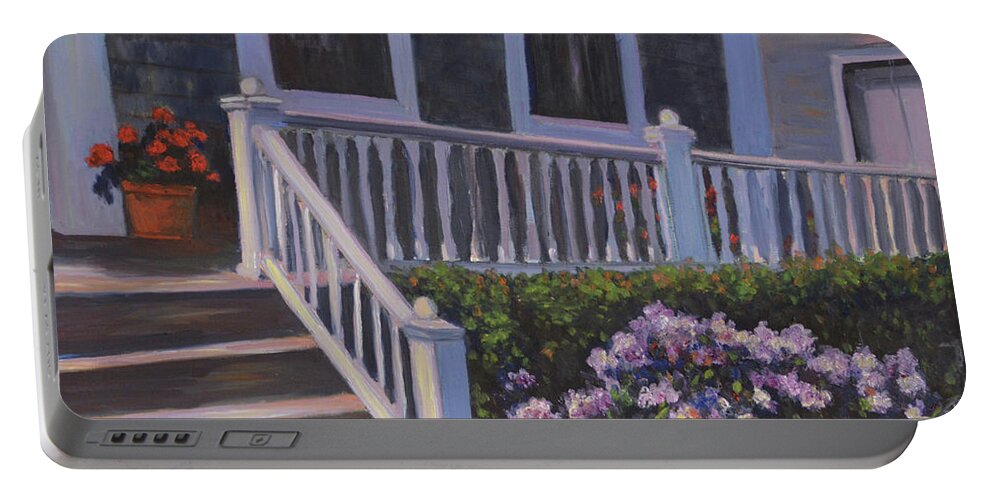 Provincetown Portable Battery Charger featuring the painting Commercial St Porch by Beth Riso